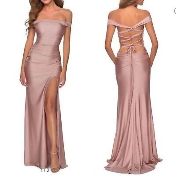 NWT LA FEMME Off the Shoulders Trumpet Gown Ruched Pink Satin Lace-up Back 6 - Picture 1 of 4